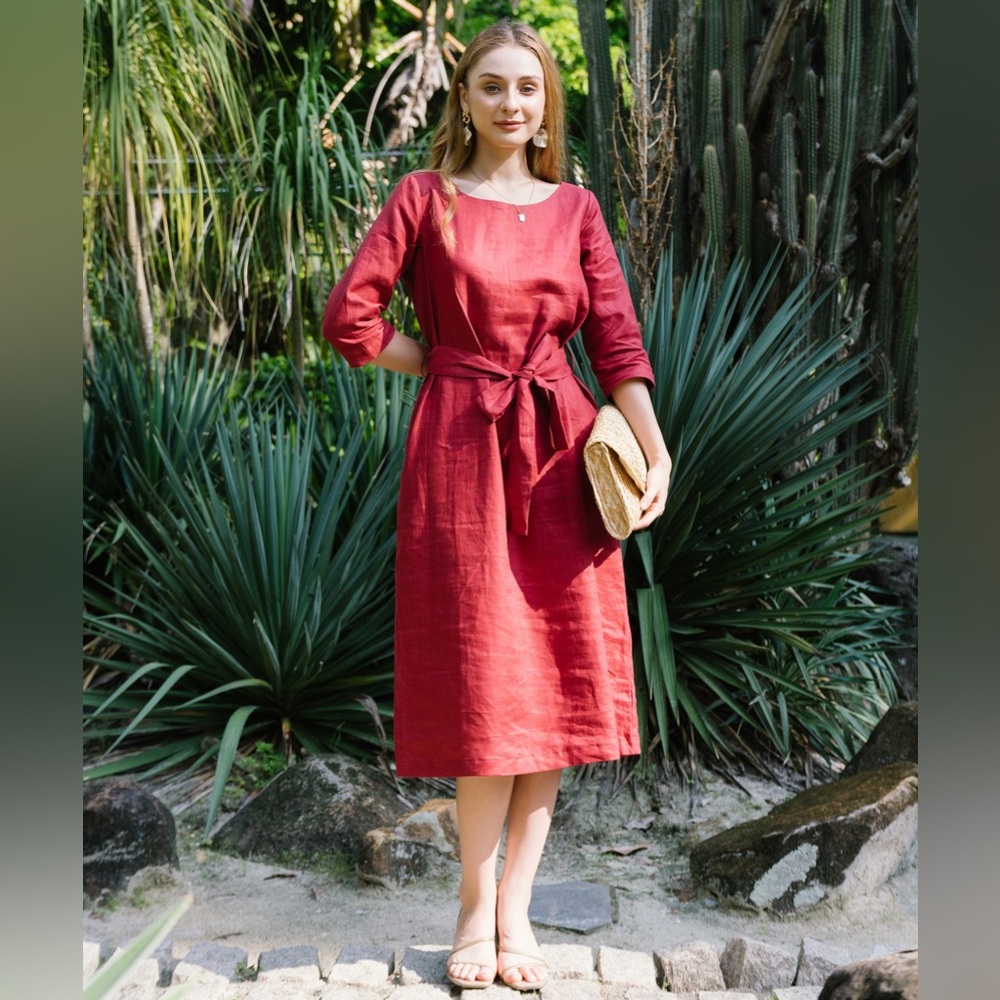 Hannah Canvas Linen Midi Dress Berry L Pockets Tie Waist NWOT Lagenlook Casual